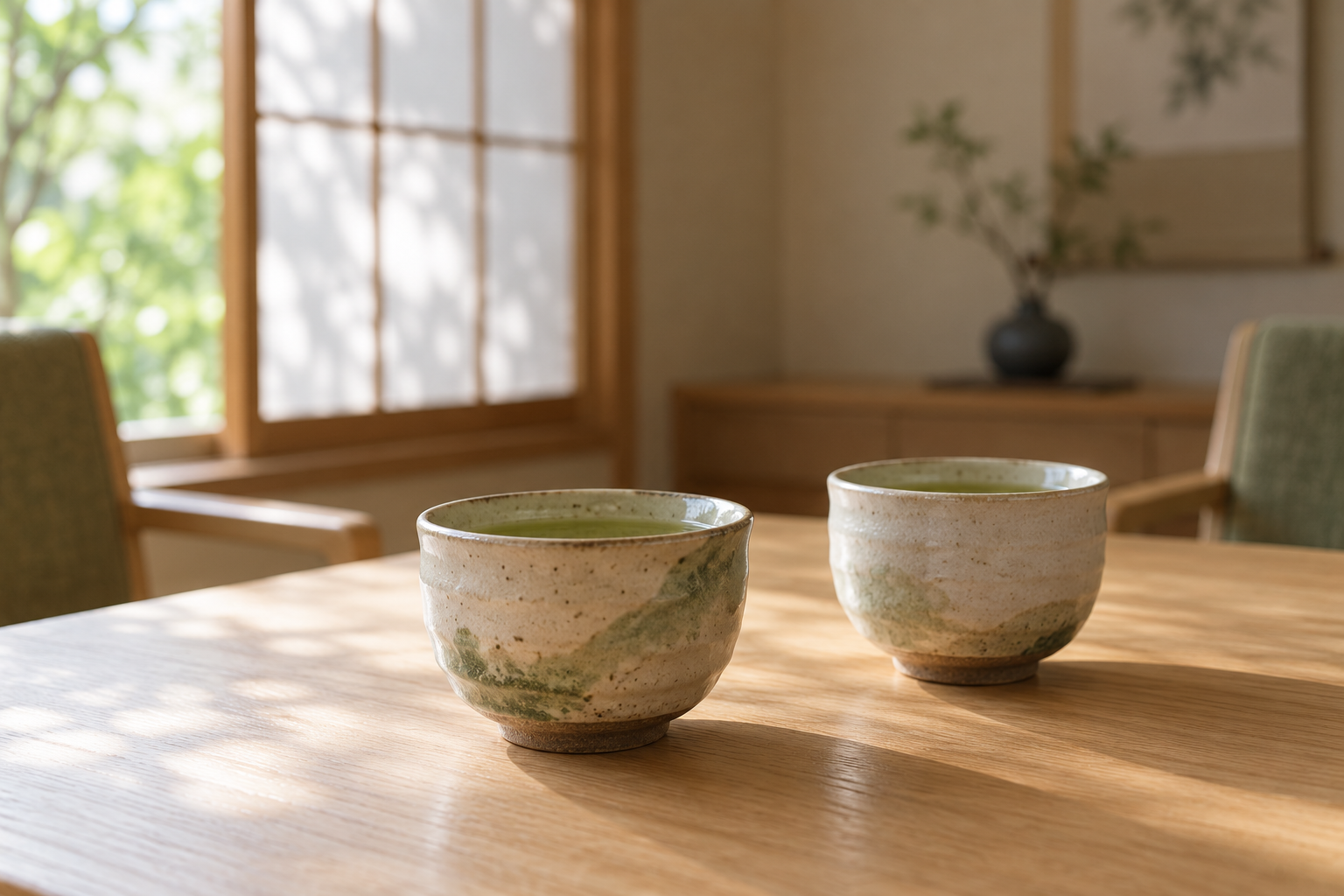 静かな木のテーブルに並ぶ二つのカップ